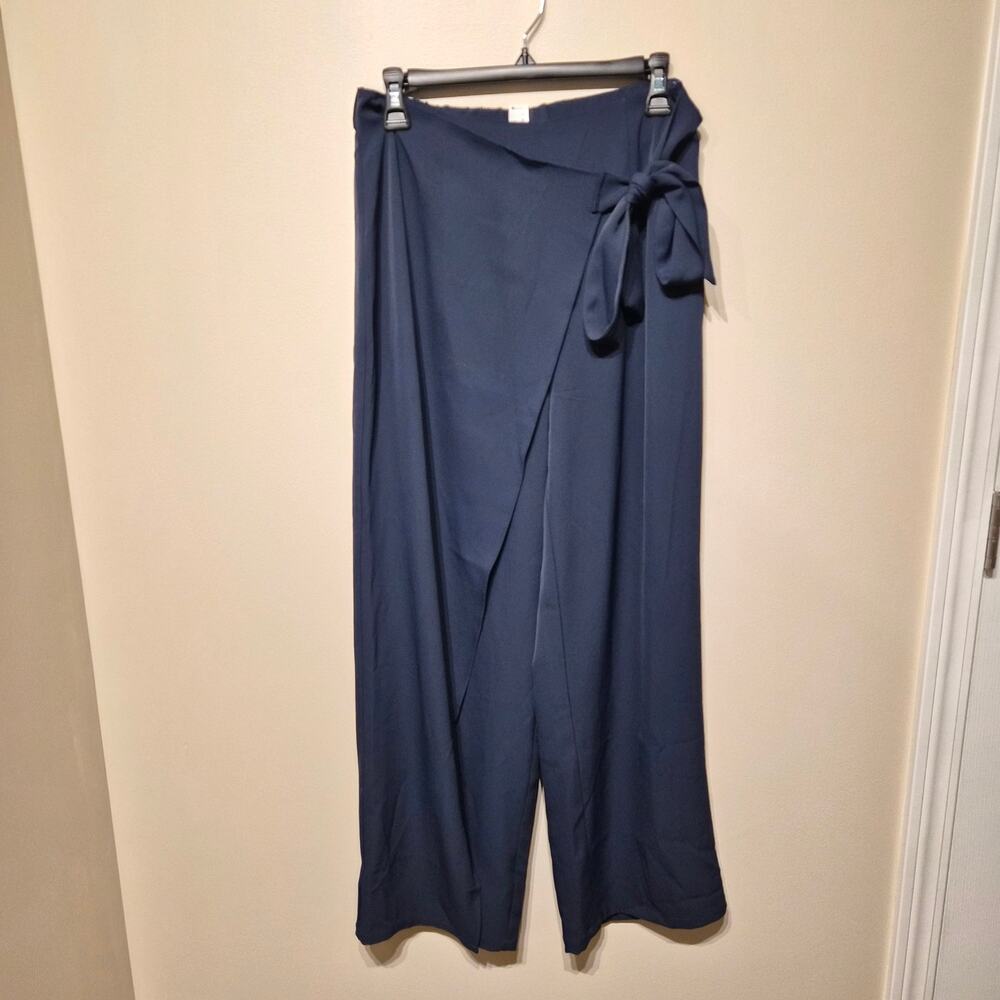 Halara Navy Blue Medium Petite Wide-Leg Pants High Waisted Wrap with Tie